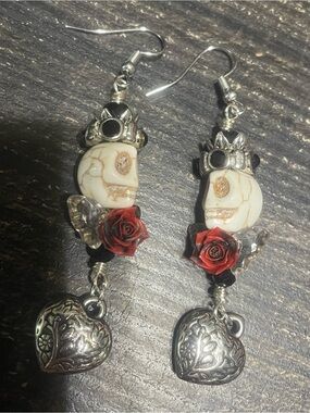 Red Rose Skull Drop Earrings with Silver Heart Charm